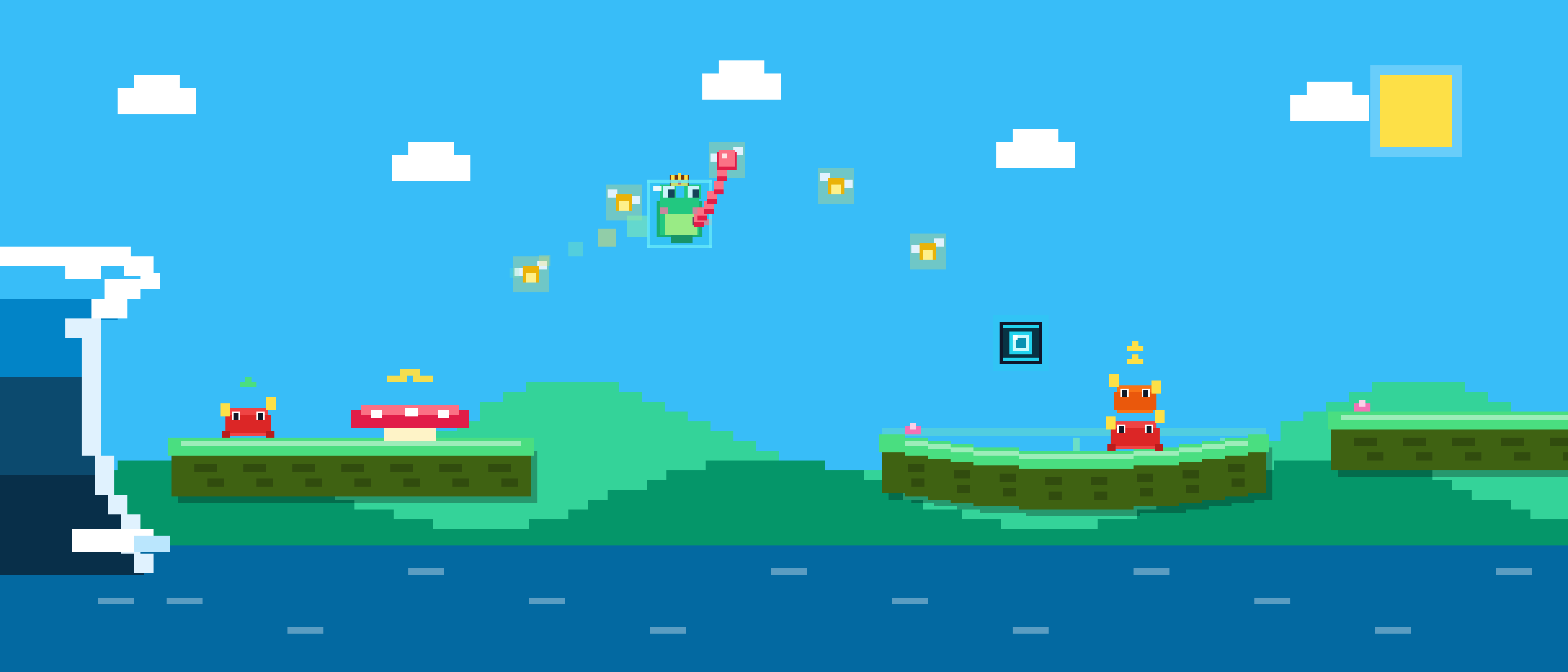 Flippy Frog gameplay banner showing pixel-art frog grappling across floating lily-pad islands